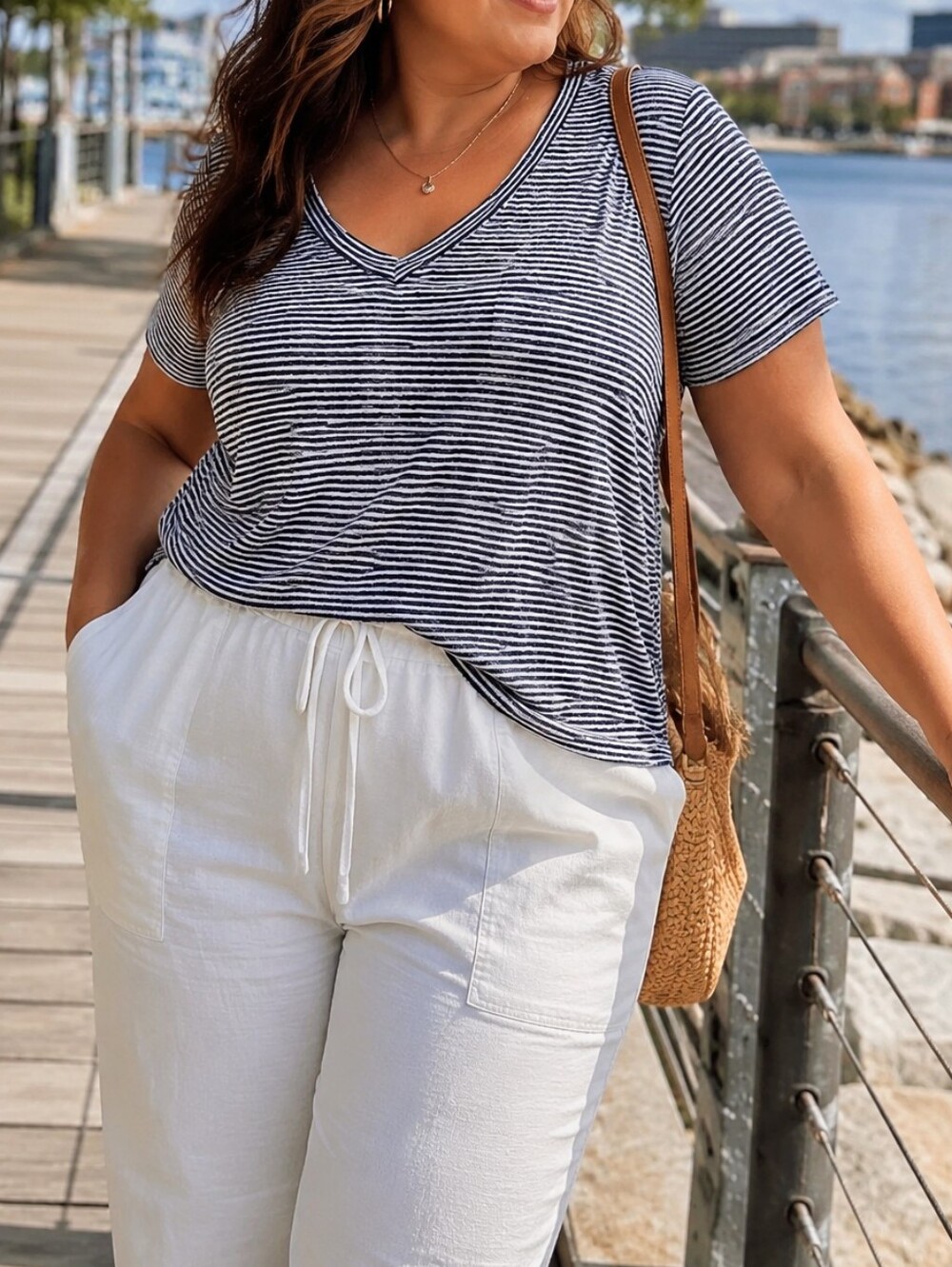 Athleta Tencel Modal Navy White Striped V-Neck Tee Plus Size Soft Stretch Casual